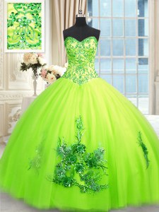 Yellow Green Tulle Lace Up Ball Gown Prom Dress Sleeveless Floor Length Beading and Appliques and Embroidery