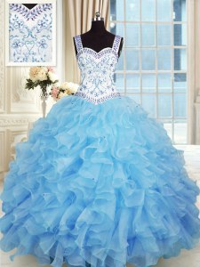 Baby Blue Ball Gowns Beading and Appliques and Ruffles Vestidos de Quinceanera Lace Up Organza Sleeveless Floor Length
