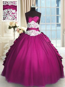 Sweetheart Sleeveless Taffeta and Tulle Quince Ball Gowns Beading and Lace and Ruching and Pick Ups Lace Up