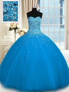 Cute Teal Tulle Lace Up Sweetheart Sleeveless Floor Length Quinceanera Dress Beading and Ruffles