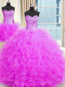Free and Easy Three Piece Lilac Sleeveless Floor Length Beading and Ruffles Lace Up Sweet 16 Quinceanera Dress