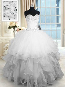 White Ball Gowns Sweetheart Sleeveless Organza Floor Length Lace Up Beading and Ruffles Quince Ball Gowns