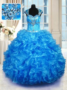 Baby Blue Quinceanera Dress Military Ball and Sweet 16 and Quinceanera and For with Beading and Ruffles Straps Cap Sleeves Lace Up