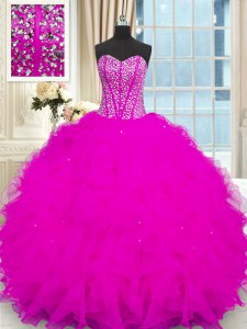 Fuchsia Lace Up Strapless Beading and Ruffles Ball Gown Prom Dress Organza Sleeveless