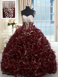 High End Organza Sweetheart Sleeveless Brush Train Lace Up Beading and Ruffles Ball Gown Prom Dress in Brown