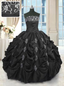 High Class Black Quince Ball Gowns Military Ball and Sweet 16 and Quinceanera and For with Beading and Lace and Appliques and Pick Ups Strapless Sleeveless Lace Up