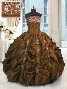 Designer Brown Taffeta Lace Up Strapless Sleeveless Floor Length Sweet 16 Dresses Beading and Pick Ups