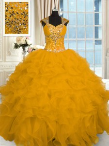 Beautiful Gold Organza Lace Up Sweet 16 Dress Cap Sleeves Floor Length Beading and Ruffles