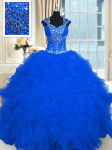 Floor Length Ball Gowns Cap Sleeves Royal Blue 15 Quinceanera Dress Lace Up