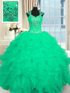 Smart Turquoise Ball Gowns Straps Cap Sleeves Organza Floor Length Lace Up Beading and Ruffles and Pattern Sweet 16 Dress