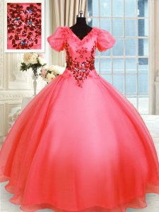 Floor Length Ball Gowns Short Sleeves Coral Red Sweet 16 Quinceanera Dress Lace Up