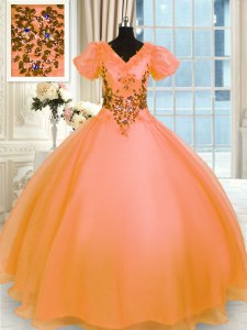 Glittering Orange Short Sleeves Floor Length Appliques Lace Up Quinceanera Gown