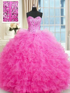 Sweetheart Sleeveless Quinceanera Dresses Floor Length Beading and Ruffles Hot Pink Tulle