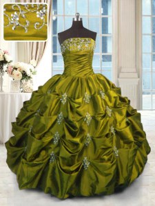 Custom Made Green Strapless Lace Up Beading and Appliques and Embroidery and Pick Ups Ball Gown Prom Dress Sleeveless