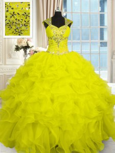 Free and Easy Yellow Lace Up Straps Beading and Ruffles Quince Ball Gowns Organza Cap Sleeves