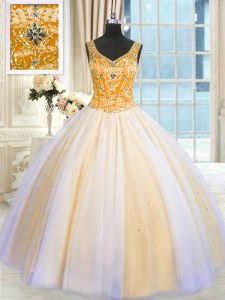 Shining Sequins V-neck Sleeveless Lace Up 15 Quinceanera Dress Multi-color Tulle