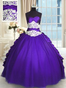 Decent Taffeta and Tulle Sleeveless Floor Length Quinceanera Dresses and Beading and Lace and Appliques and Ruching and Pick Ups