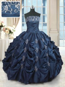 Exquisite Navy Blue Quinceanera Gowns Military Ball and Sweet 16 and Quinceanera and For with Beading and Pick Ups Strapless Sleeveless Lace Up