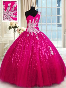 Hot Pink Ball Gowns One Shoulder Sleeveless Tulle and Sequined Floor Length Lace Up Appliques Quince Ball Gowns