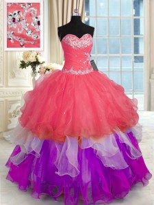 Comfortable Sleeveless Organza Floor Length Lace Up Sweet 16 Dress in Multi-color with Beading and Appliques
