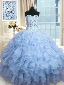 Sequins Ball Gowns Quinceanera Gown Light Blue Sweetheart Organza Sleeveless Floor Length Lace Up