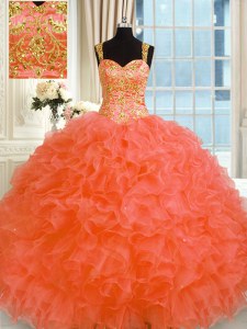 Enchanting Floor Length Lace Up Quince Ball Gowns Orange Red for Military Ball and Sweet 16 and Quinceanera with Embroidery and Ruffles