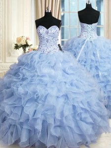 Edgy Sleeveless Organza Floor Length Lace Up Ball Gown Prom Dress in Light Blue with Beading and Ruffles