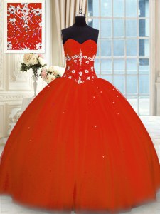 Red Tulle Lace Up Sweetheart Sleeveless Floor Length 15 Quinceanera Dress Appliques