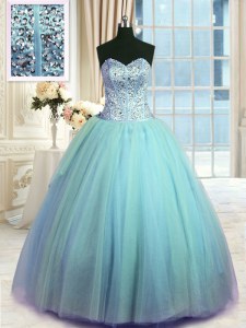 Fashion Floor Length Light Blue Ball Gown Prom Dress Sweetheart Sleeveless Lace Up