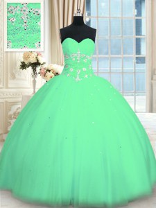 Floor Length Turquoise Quinceanera Gowns Tulle Sleeveless Appliques