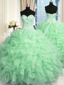 Spectacular Apple Green Lace Up 15th Birthday Dress Beading and Ruffles Sleeveless Floor Length