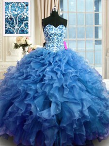 Fantastic Floor Length Blue Sweet 16 Dress Organza Sleeveless Beading and Ruffles