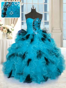 Discount Blue And Black Sweet 16 Dress Military Ball and Sweet 16 and Quinceanera and For with Beading and Ruffles Strapless Sleeveless Lace Up