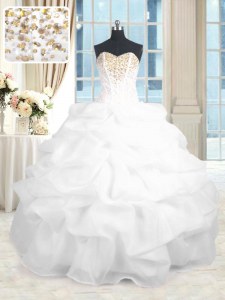 Adorable Sleeveless Organza Floor Length Lace Up Sweet 16 Dress in White with Beading and Ruffles