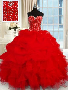 Wine Red Ball Gowns Sweetheart Sleeveless Organza Floor Length Lace Up Beading and Ruffles 15th Birthday Dress