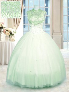Fine Sleeveless Floor Length Beading Zipper Quinceanera Gown with Apple Green