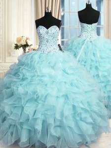 High End Aqua Blue Ball Gowns Organza Sweetheart Sleeveless Beading and Ruffles Floor Length Lace Up Quinceanera Gown
