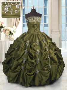 Artistic Olive Green Sleeveless Floor Length Beading and Appliques and Embroidery and Pick Ups Lace Up Quinceanera Gowns