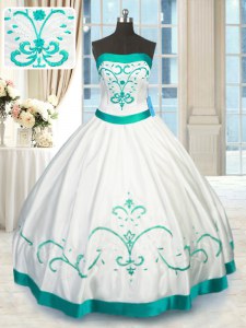 Strapless Sleeveless Sweet 16 Dresses Floor Length Beading and Embroidery White Satin