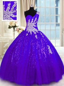 Elegant Purple One Shoulder Neckline Appliques Ball Gown Prom Dress Sleeveless Lace Up