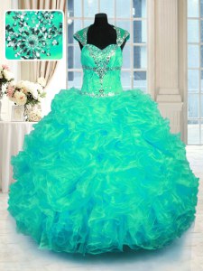 Straps Cap Sleeves Organza Sweet 16 Dress Beading and Ruffles Lace Up