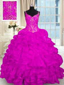 Super Fuchsia Organza Lace Up Spaghetti Straps Sleeveless Sweet 16 Quinceanera Dress Brush Train Beading and Embroidery and Ruffles