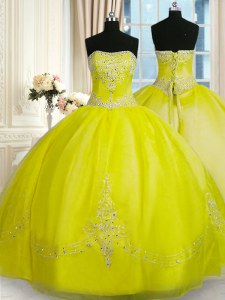 Vintage Yellow Green Strapless Lace Up Beading and Embroidery Vestidos de Quinceanera Sleeveless