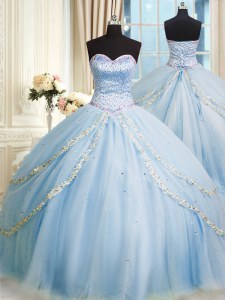 Sleeveless Court Train Beading and Appliques Lace Up Quince Ball Gowns