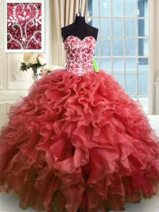 Wine Red Lace Up 15 Quinceanera Dress Beading and Ruffles Sleeveless Floor Length