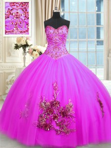 Super Fuchsia Sleeveless Tulle Lace Up Sweet 16 Dresses for Military Ball and Sweet 16 and Quinceanera