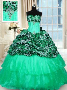 Unique Turquoise Ball Gowns Strapless Sleeveless Organza and Printed Sweep Train Lace Up Beading and Ruffled Layers Sweet 16 Dress