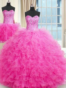 Three Piece Rose Pink Tulle Lace Up Sweet 16 Dresses Sleeveless Floor Length Beading and Ruffles