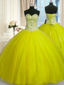 Yellow Green Ball Gowns Tulle Sweetheart Sleeveless Beading and Sequins Floor Length Lace Up Ball Gown Prom Dress