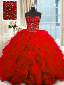 Dynamic Sequins Sweetheart Sleeveless Lace Up Sweet 16 Dress Red Organza